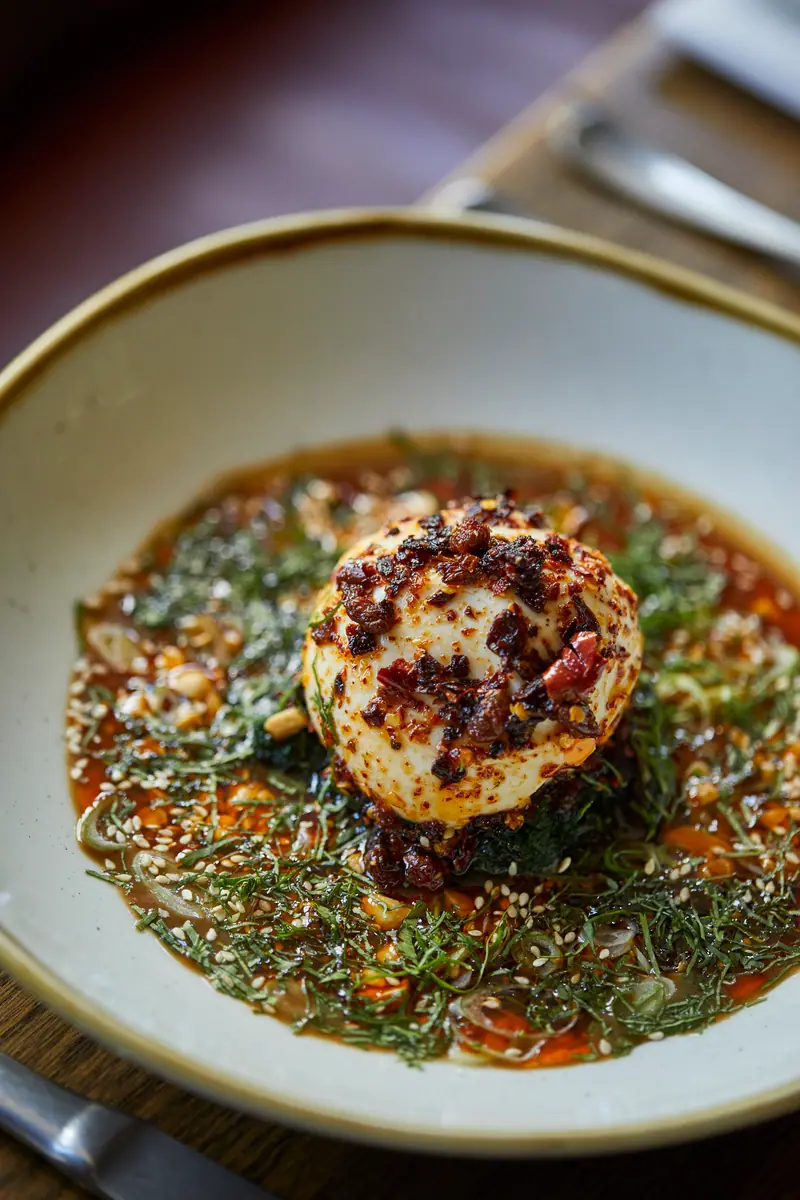 Close-up of burrata topped with crisp crumbs in a pool of herb oil
