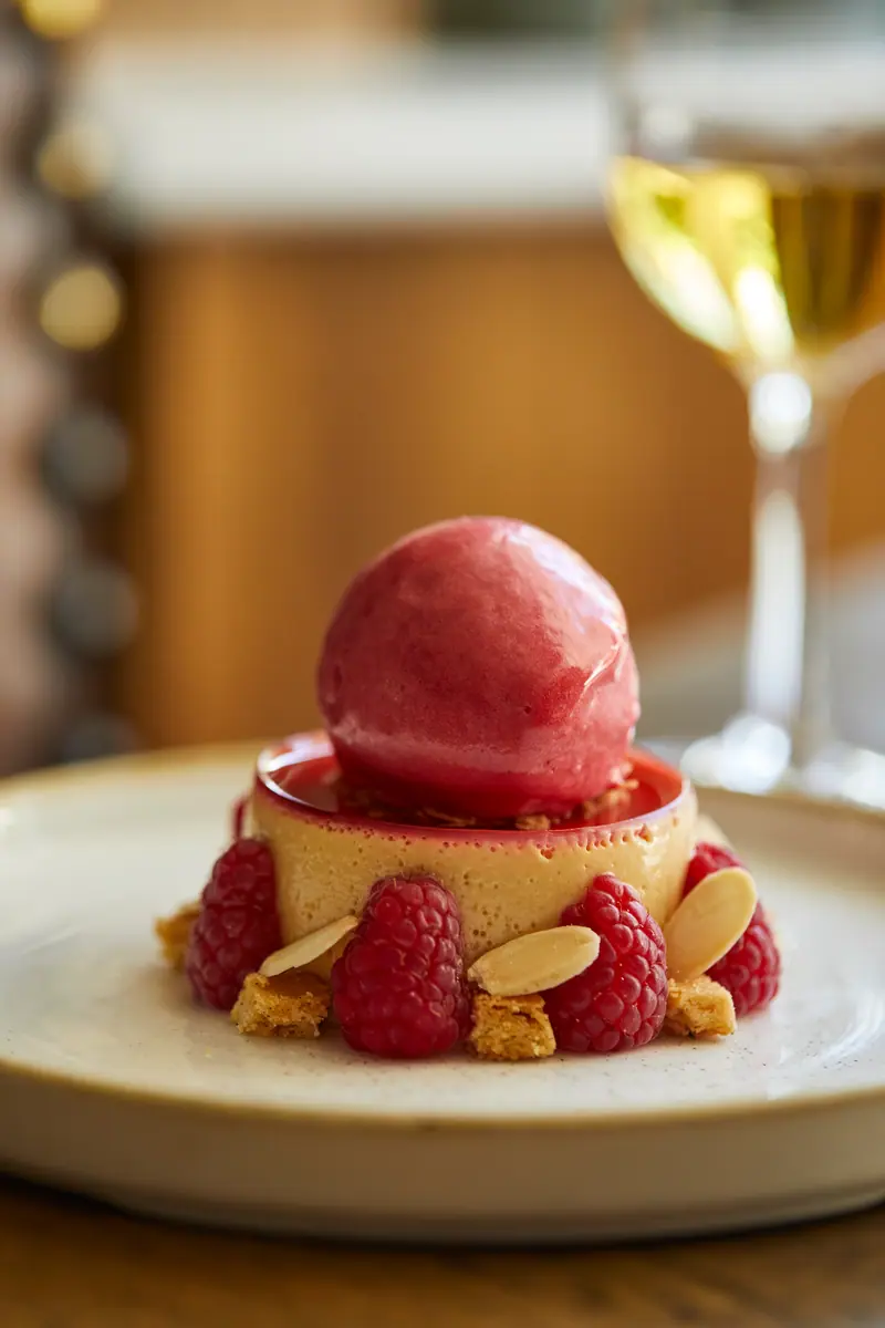 A raspberry pudding ringed with fresh raspberries and toasted almonds, topped with a scoop of raspberry sorbet